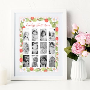 My First Year Photo Board, PRINTABLE, Strawberry Farm Theme 1st Birthday Keepsake, Girl's Berry Sweet First Party Decor, Digital File, BS1