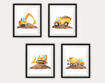 Construction Nursery Art, PRINTABLE, Set Of 4 Designs, Construction Vehicles Decor, Baby Boy Bedroom Art 8x10" Digital Download, Bulldozer