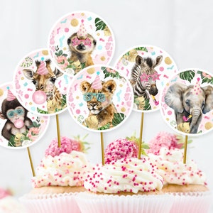 Party Animals Cupcake Toppers, PRINTABLE, Cute Pink Girl&#39;s Wild Safari Jungle Zoo Birthday Theme, Instant Download Round 2&quot; Sticker, PA2