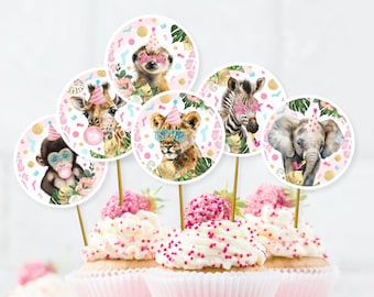Party Animals Cupcake Toppers, PRINTABLE, Cute Pink Girl's Wild Safari Jungle Zoo Birthday Theme, Instant Download Round 2" Sticker, PA2