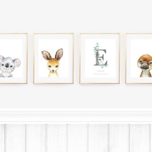 Australian Animals Nursery Art, PRINTABLE, Gender Neutral Baby Aussie Bush Animals, 11x14" Print Set, Koala Personalised Initial Birth Stats