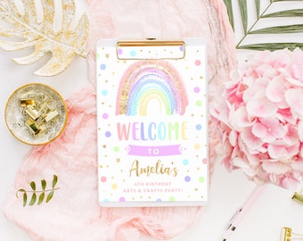 Rainbow Party Theme, PRINTABLE, Art Craft Birthday Decor, Girl's Pastel Welcome Sign Digital File, Gold Confetti Painting Party Decor, RA1