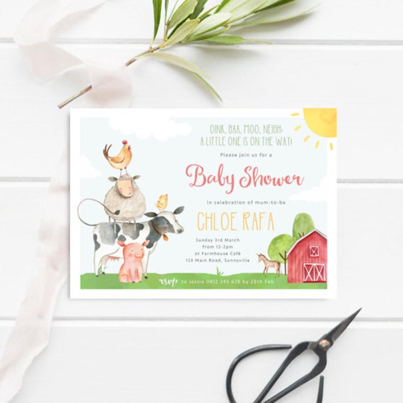 Farm Baby Shower Invite, PRINTABLE, Barnyard Animals Sprinkle Invitation, Gender Neutral Unisex, Farmyard 1st 2nd Birthday Party Theme, FY1 image 1
