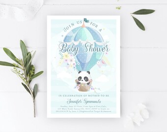 Panda Baby Shower Invitation, PRINTABLE, Watercolor Hot Air Balloon Baby Sprinkle PDF File, Blue Boy's Baby Shower Digital Download Invite