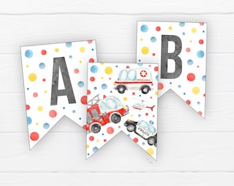 Op de afbeelding: Waterverf banners met de letters "A" en "B" op een witte achtergrond met kleurrijke stippen. De middelste banner toont illustraties van hulpverleningsvoertuigen: een brandweerwagen, ambulance, politieauto en helikopter.