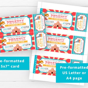 May include: A printable set of 5x7 inch and US Letter size invitations for a circus-themed birthday party. The invitations are designed to look like carnival tickets with red and blue stripes, a circus tent, and the text "Step right up! Come one, come all! Phoenix is turning two!"  July 1st, 12:00 PM, 123 Circus Lane, Sunnyville.
