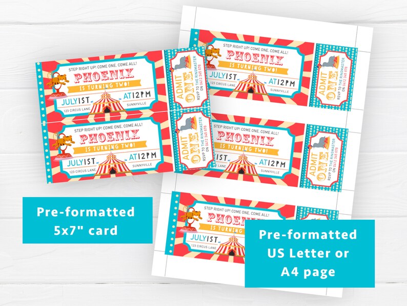 May include: A printable set of 5x7 inch and US Letter size invitations for a circus-themed birthday party. The invitations are designed to look like carnival tickets with red and blue stripes, a circus tent, and the text "Step right up! Come one, come all! Phoenix is turning two!"  July 1st, 12:00 PM, 123 Circus Lane, Sunnyville.