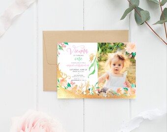 Invito di compleanno fata, STAMPABILE, compleanno personalizzato stampabile della ragazza, invito alla festa in giardino della foresta magica incantata floreale oro rosa