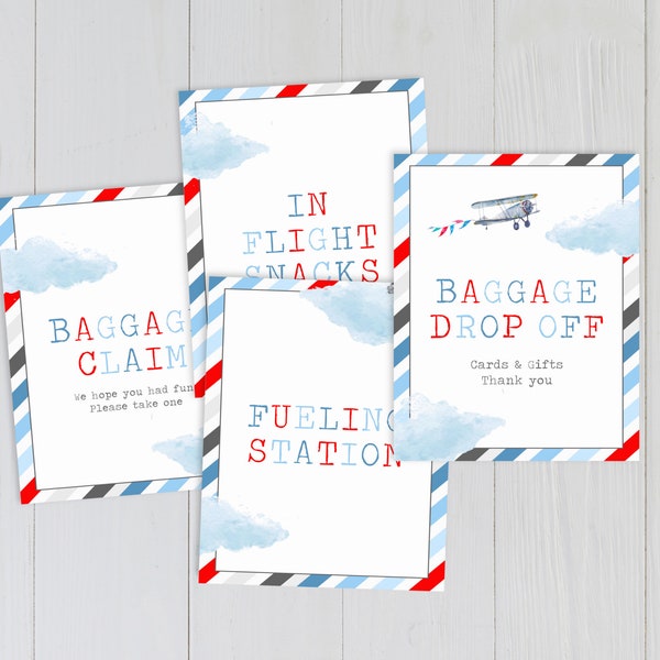 Vintage Plane Party Signs, PRINTABLE Time Flies Airplane Theme, 8x10" A4 1st Birthday Digital Decoration, Baggage Claim In Flight Snacks VP1