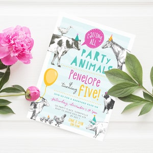 Farm Animals Invitation, PRINTABLE, Party Animals Birthday Theme, Party Hat Barnyard Farmyard, Fun Colourful Girl's Play Centre Invite, FA3