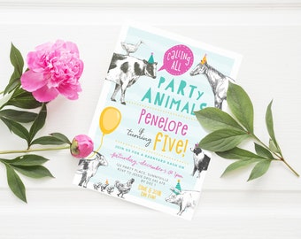 Farm Animals Invitation, PRINTABLE, Party Animals Birthday Theme, Party Hat Barnyard Farmyard, Fun Colourful Girl's Play Centre Invite, FA3