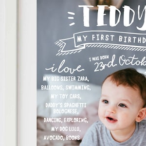 May include: A chalkboard with a photo of a baby boy celebrating his first birthday. The chalkboard says "Teddy, My First Birthday! I was born 23rd October 2016. I love my big sister Zara, balloons, swimming, my toy cars, Daddy's spaghetti bolognese, dancing, exploring, my dog Lulu, avocado, books. I can wave, clap, high five, kiss, crawl, stand, say 'Mama', 'Dada', 'Zara' & 'Bubbles'."