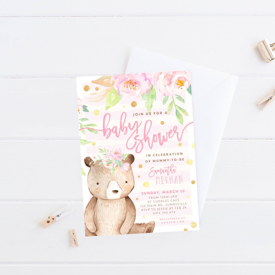 Teddy Bear Baby Shower Invitation, PRINTABLE, Cute Woodland Bear Themed ...