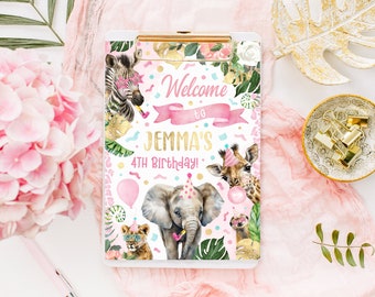 Girl's Party Animals Theme, PRINTABLE, Pink Zoo Jungle Safari Animal Birthday Decor, Fun Wild Welcome Sign Digital File, Giraffe Meerkat PA2