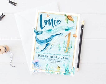 Invito a tema sotto il mare, STAMPABILE, primo invito del ragazzo di compleanno, animali marini acquerello oceano balena pesce, tema festa in mare, OA1