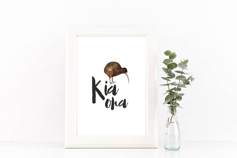 May include: A white framed print with a black and white illustration of a kiwi bird and the text "Kia Ora".