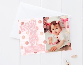 Girl's First Birthday Invitation, PRINTABLE, Pink And Rose Gold, 1st Birthday Girl's Photo One Invitation Polka Dot Confetti Pink Digital