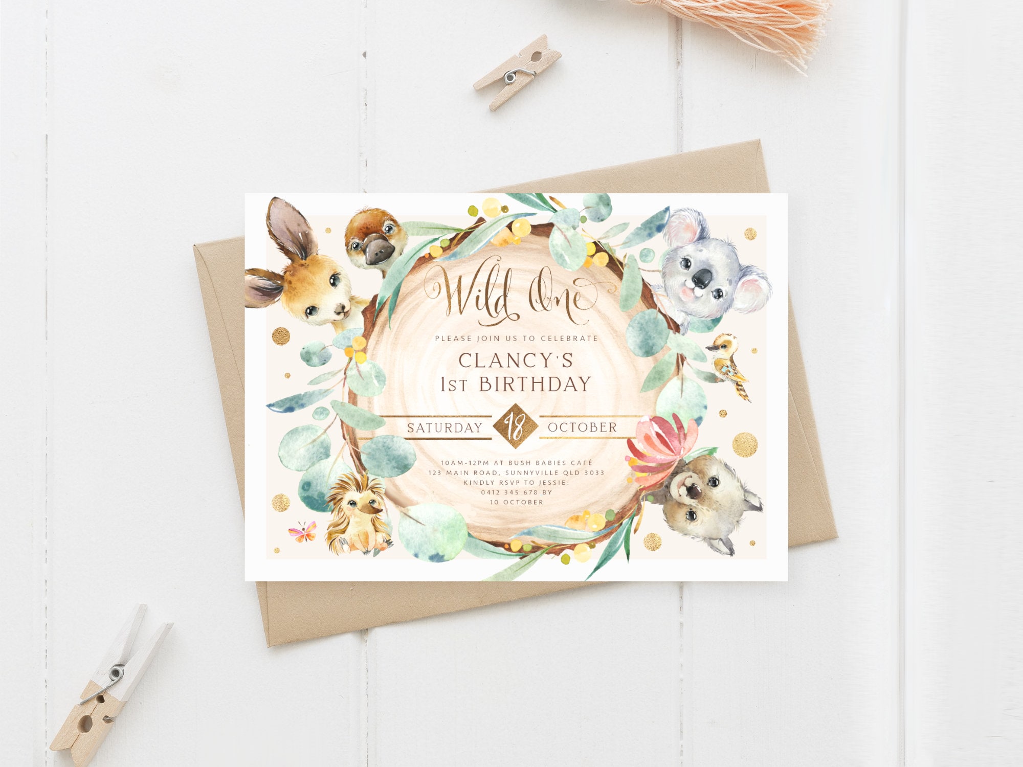 Australian Animals 1st Birthday Invite, PRINTABLE, Native Koala Kangaroo Theme, Elegant Aussie First Party Invitation, Eucalyptus Gold, NA3