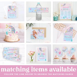 May include: A set of mermaid-themed party decorations, including invitations, cupcake toppers, water bottle labels, a welcome sign, and thank you tags. The decorations feature a pink, blue, and green color scheme with a mermaid tail, seashells, and jellyfish.
