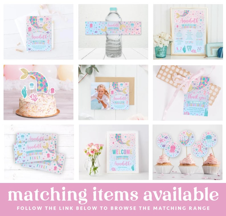May include: A set of mermaid-themed party decorations, including invitations, cupcake toppers, water bottle labels, a welcome sign, and thank you tags. The decorations feature a pink, blue, and green color scheme with a mermaid tail, seashells, and jellyfish.