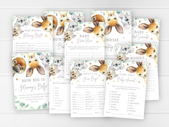Australian Animal Themed Baby Shower INSTANT DOWNLOAD Native Aussie Digital Games Pack, Neutral Koala Sprinkle Printable Wishes For Baby NA2