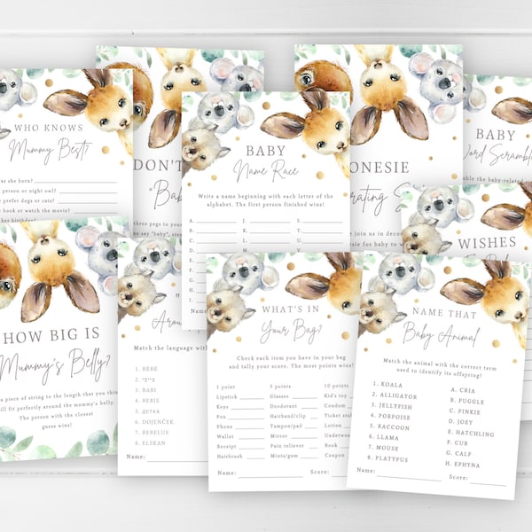 Australian Animal Themed Baby Shower INSTANT DOWNLOAD Native Aussie Digital Games Pack, Neutral Koala Sprinkle Printable Wishes For Baby NA2