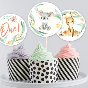 Australian Animal Cupcake Toppers, PRINTABLE, Native Koala Kangaroo 1st First Birthday Theme, Instant Download Party Round 2&quot; Sticker, NA1