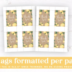 May include: Printable sheet of 4 thank you gift tags featuring a watercolor lemon design on a brown background. Each tag is 4 inches by 2.5 inches.
