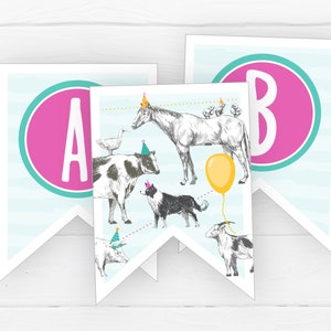 Estamenha com tema de fazenda rosa, DOWNLOAD INSTANTÂNEO, banner de flâmula para impressão, festa de primeiro aniversário da menina, animais, curral, cavalo, vaca, porco FA3