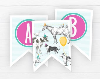 Pink Farm Themed Bunting, INSTANT DOWNLOAD, Printable Pennant Banner, Girl's 1st Birthday Party Animals Farmyard Barnyard, Horse Cow Pig FA3