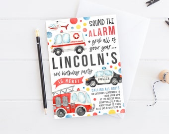 Emergency Birthday Invite, PRINTABLE First Responders Theme, Ambulance Firetruck Police Party, Calling All Units Digital Invitation PDF, EV1