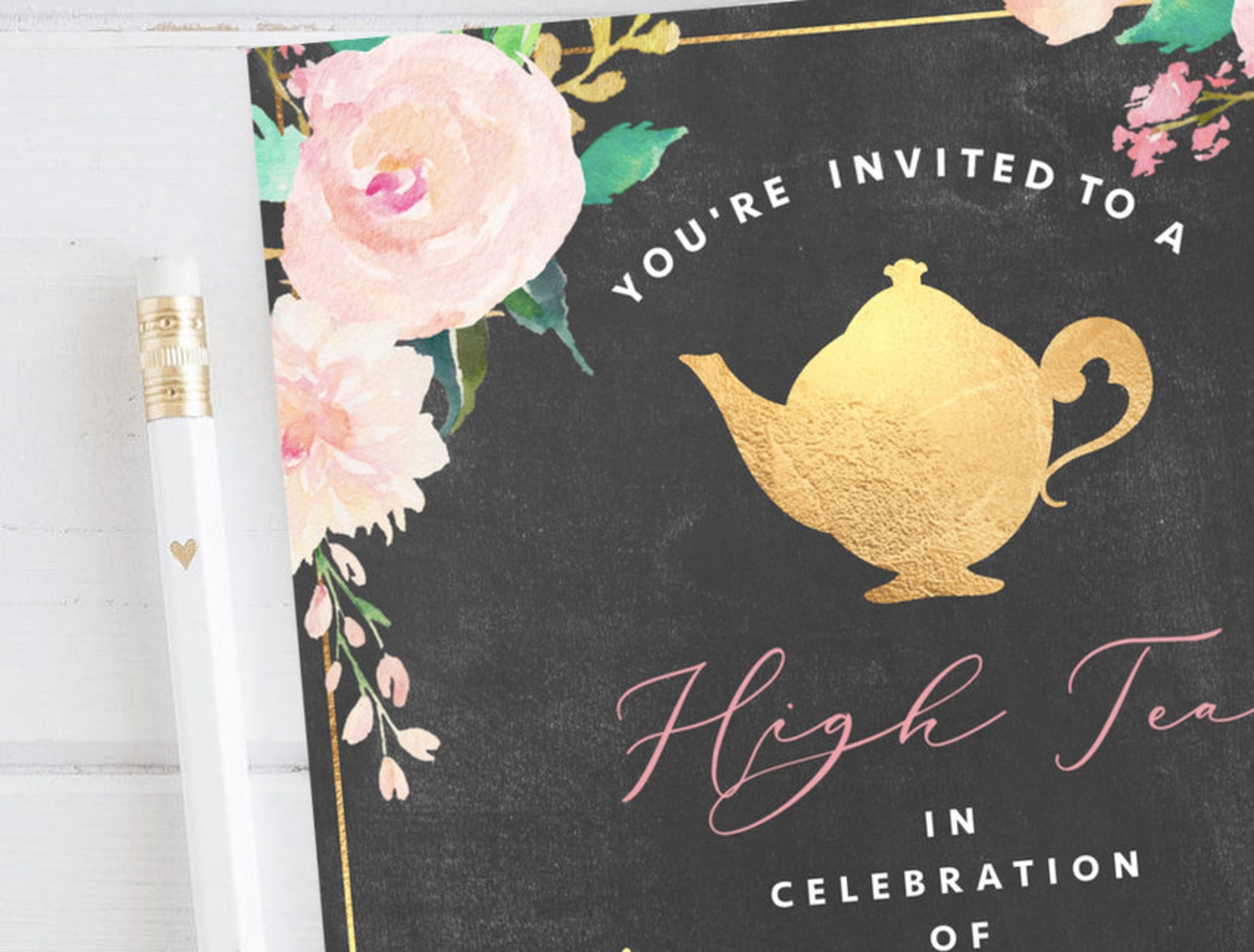 High Tea Invitation, PRINTABLE, Feminine Girly Tea Party, Floral Gold ...