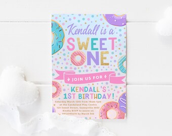 Sweet One Invitation, PRINTABLE Girl's 1st First Birthday Party Invite Donut Doughnut Party Theme, Digital File Invite Pink Purple, TS1