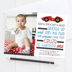 Racecar Themed Invitation, PRINTABLE, Beep Honk Zoom Boy&#39;s 1st First Birthday Invite, Buckle Up Join The Fun Car Party Digital File, RC3