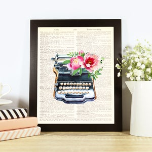 Floral Typewriter, PRINTABLE, Vintage Style Dictionary Page Digital Print, Author Writer Study, Home Office 8x10&quot; 11x14&quot;, Book Reader Decor
