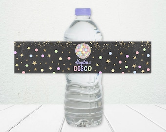 Etichetta bottiglia d'acqua da discoteca, STAMPABILE, tema di compleanno di danza musicale della ragazza, palla da discoteca pastello Mirrorball, decorazione festa file digitale, DP1