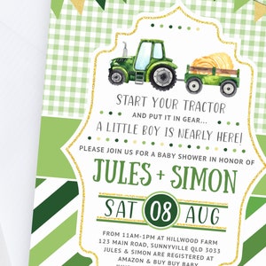 Faire-part sur le thème du tracteur, imprimable, invitation PDF pour baby shower garçon, fichier numérique sur le thème ferme champêtre tracteur vert, TR3 image 2