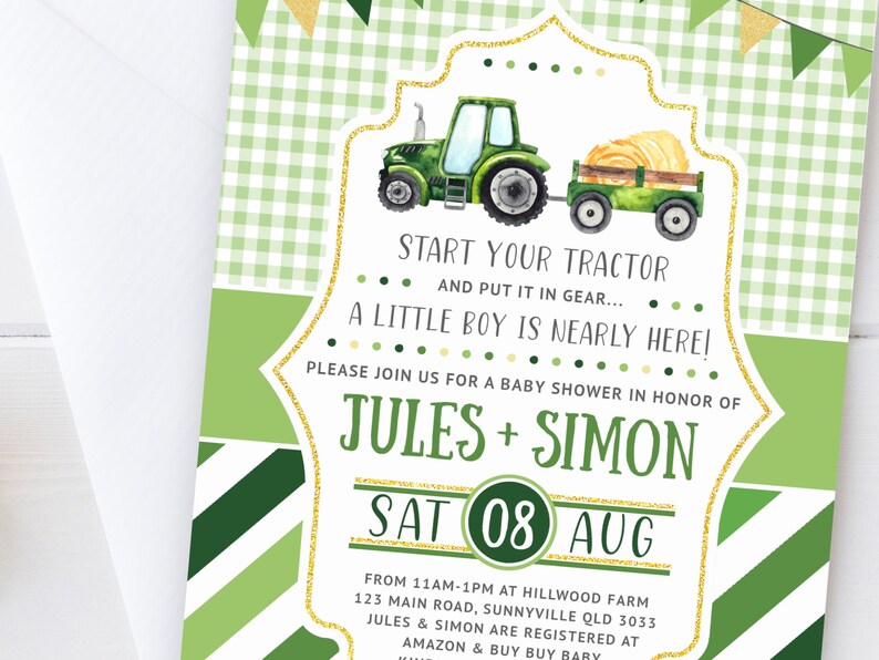 Faire-part sur le thème du tracteur, imprimable, invitation PDF pour baby shower garçon, fichier numérique sur le thème ferme champêtre tracteur vert, TR3 image 2