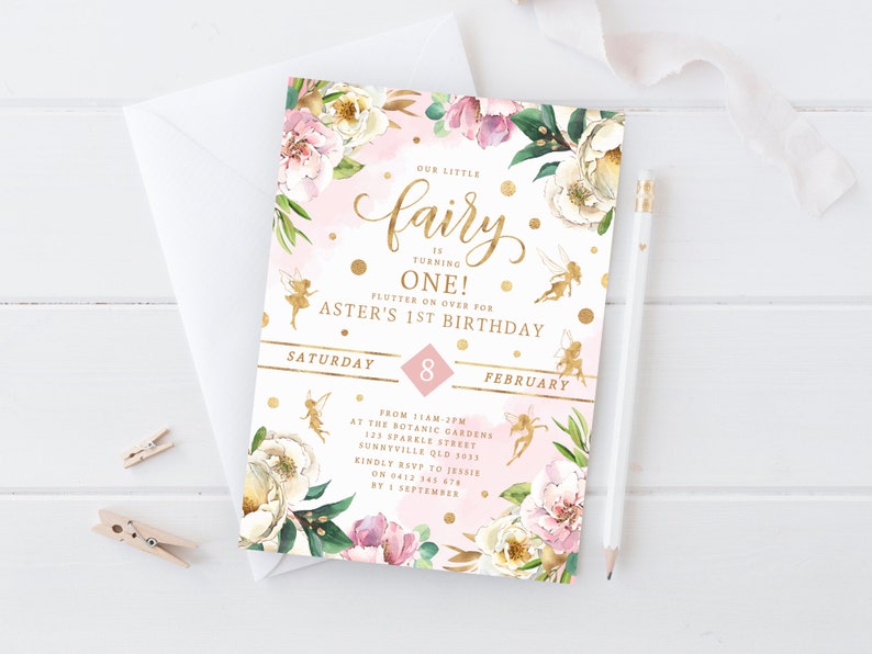 Our Little Fairy Themed Invitation PRINTABLE Girls 1st Birthday Party Fairies Invite Watercolor PDF Digital File Flutter On