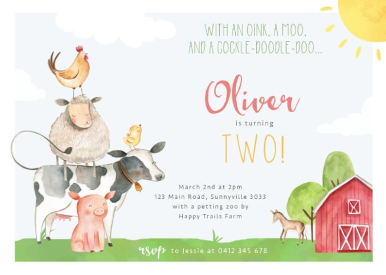 Farm Baby Shower Invite, PRINTABLE, Barnyard Animals Sprinkle Invitation, Gender Neutral Unisex, Farmyard 1st 2nd Birthday Party Theme, FY1 image 4