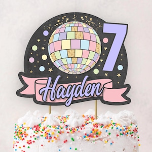 Disco Cake Topper, DIGITAL FILE, Personalised Girl&#39;s Birthday, Pastel Music Dance Mirrorball Theme Party Decor, Printable DIY Any Age, DP1