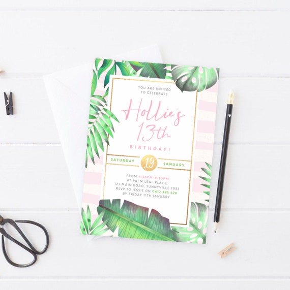 Pink Tropical Invitation, PRINTABLE, Monstera Palm Banana Leaf Watercolour, Teenager Girl's Birthday Gold 16th 18th 21st Digital Invite PDF