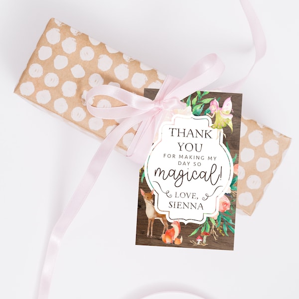 Enchanted Forest Thank You Tag, PRINTABLE, Fairy Deer Fox Garden Party 1st Birthday, Woodlands Digital Gift Lolly Favor Loot Bag Tag, EF1