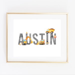 Construction Themed Name Art, PRINTABLE Newborn Baby Boy Wall Art, Personalised Toddler Bedroom Decor, Digital Download Truck Digger Nursery
