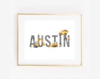 Construction Themed Name Art, PRINTABLE Newborn Baby Boy Wall Art, Personalised Toddler Bedroom Decor, Digital Download Truck Digger Nursery