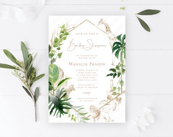 Jungle Baby Shower Invitation, PRINTABLE, Gold Safari Zoo Theme, Watercolor Greenery Baby Sprinkle, Giraffe Lion Zebra Digital Invite, TJ1