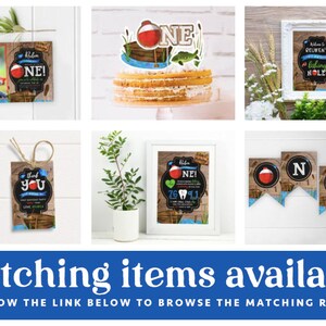 May include: A set of printable party decorations for a first birthday with a fishing theme. The decorations include a banner, a cake topper, a thank you tag, and a sign. The decorations are all in a rustic style with a wood grain background and blue and red accents. The text on the decorations includes "Reuben's Fishing Hole", "One", and "Thank You".