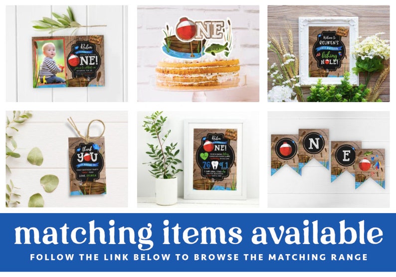 May include: A set of printable party decorations for a first birthday with a fishing theme. The decorations include a banner, a cake topper, a thank you tag, and a sign. The decorations are all in a rustic style with a wood grain background and blue and red accents. The text on the decorations includes "Reuben's Fishing Hole", "One", and "Thank You".