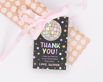 Disco Party Thank You Tag, PRINTABLE, 4x2.5 Inch Girl's Dance Birthday Theme, Pastel Mirrorball Digital File, Favor Lolly Loot Bag, DP1