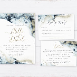 Beach Themed Wedding Suite, PRINTABLE, Navy Blue Watercolor Gold Wedding Invitation, Digital Destination Wedding RSVP Details Cards